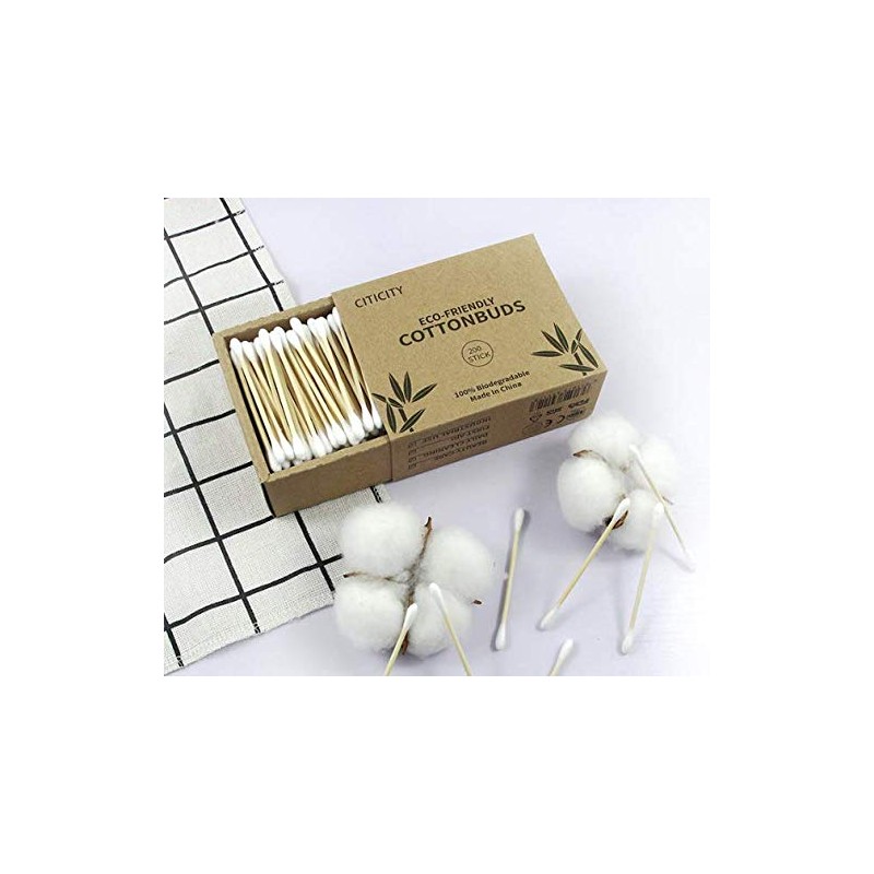 200 Hisopos de Bamboo con almohadillas de algodón 100% Biodegradables.