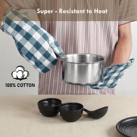 Softopia Cotton Oven Mitt & Pot Holder Gingham Buffalo Check 100% Cotton Heat Resistant Oven Gloves (7"x13") & Hot Pads (8"x8") Combo for Baking, Cooking - Teal