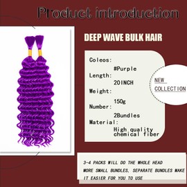 Boho Hair for Braiding 20 Inch 2 Bundles Deep Wave Bulk Braiding Hair for Boho Braids No Weft Curly Braiding Wet and Wavy Braiding Hair Extensions (#Purple,75g/bundle) 20 Inch