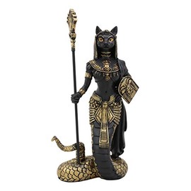 Ebros 11"H Egyptian Feline Goddess Bastet Cat With Slain Snake Apep Tail Holding Spear & Shield Statue 11"H Ubasti Bast Patron Of Protection Health Home Harvest Gods Of Egypt Figurine (Black And Gold)