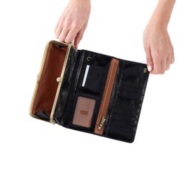 HOBO Rachel Leather Trifold Continental Wallet has a Vintage-Inspired Aesthetic, Frame Closure, Money Slot, Card Organizer, Slip Pocket, and Small Mirror, Black
