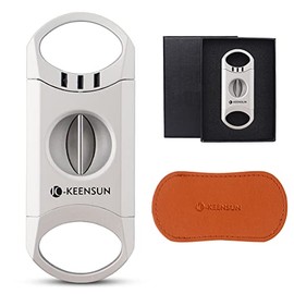 KEENSUN Zinc Alloy V-Cut Cigar Cutter (Silver), 60 Ring Gauge, 420J2 Stainless Steel V-Cut Blade & Cigar Holder (2 in 1) in Gift Box