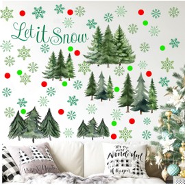 Christmas Pine Tree Wall Decals Green Tree Window Clings Xmas Snowflake Wall Stickers Peel and Stick Removable Watercolor Pine Tree Wall Stickers Christmas Party Supplies Home Decoration