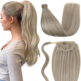 LaaVoo Ponytail Hair Extensions Human Hair Blonde Highlight Pony Tails Hair Extensions Human Hair Ash Blonde Highlighted Bleach Blonde Ponytail Extension Human Hair Wrap Around 16 Inch 80g