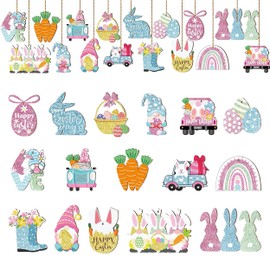 Piacolnic 32Pcs Wooden Hanging Ornaments for Easter, Easter Hanging Ornaments for Tree, Easter Tree Party Decorations Easter Egg Chick Bunny Car Wooden Hanging Ornaments for Spring Easter
