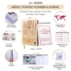 Life Planner - Undated Deluxe Weekly, Monthly Planner, a 12 Month Journey to Increase Productivity & Happiness, Life Organizer, Gratitude Journal, Law of Attraction Planner - Start Anytime