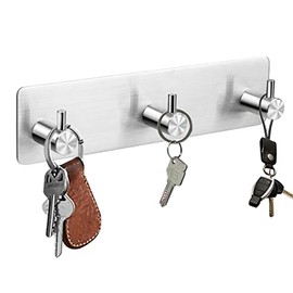 Key Holder for Wall, Self Adhesive Key Rack Key Hooks for Keys and Masks to Hang, Easy Mount Key Hanger for Wall, Entryway, Bathroom, Kitchen, Office, Stainless Steel~Silver