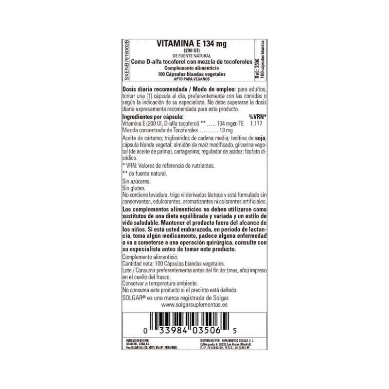 Solgar Vitamin E 134mg 200 UI 50 Vegetable Softgels