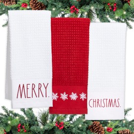 Rae Dunn Set of Hand Towels for Kitchen and Bathroom, 100% Cotton, Embroidered Dish Towels, Decorative Hand Towels, Christmas, 3 Pack