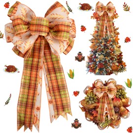 TONIFUL Large Thanksgiving Fall Bows for Wreaths Pumpkin Green Orange Buffalo Plaid Burlap Bows Wreath Bow Tree Topper Bow for Front Door Home Gift Outdoor Indoor Decorations Thanksgiving Christmas