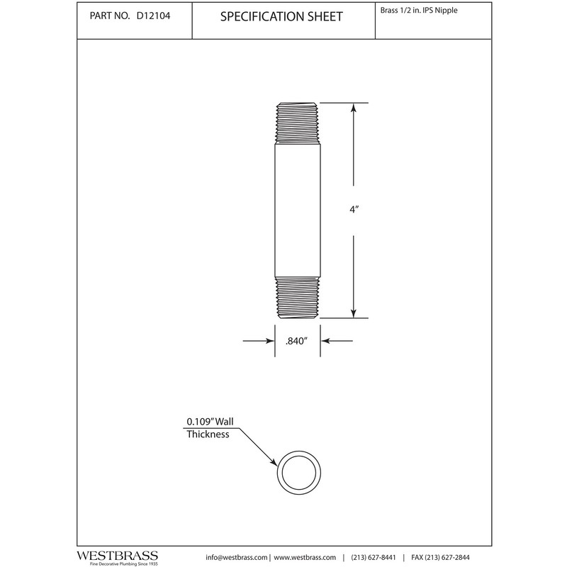 Westbrass D12104-62 ½” x 4" IPS Brass Pipe Nipple, Matte