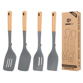 Pack of 4 Silicone Kitchen Utensils Set, Non Stick Solid Spatulas and Heat Resistant Slotted Spoons with Wooden Handle, Ideal BPA Free Cooking Utensils for Mixing,Serving,Turning,Stirring(GRAY)