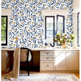HAOKHOME Floral Peel and Stick Wallpaper Boho for Bathroom White/Navy/Tan Wall Paper Stick on Contact Paper 17.3in x 9.8ft