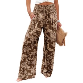 Angerella Women's Comfy Casual High Waisted Loose Pants Trendy Floral Print Wide Leg Palazzo Lounge Pants,Brown 3XL