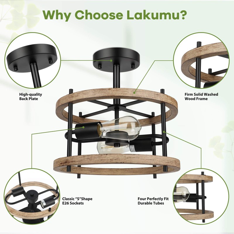 Lakumu 2-Light Retro Semi Flush Mount Ceiling Light Fixture, Rustic