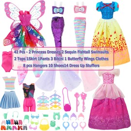42 Pcs 11.5 inch Doll Clothes & Accessories, 2 Princess Dresses 2 Sequin Fishtail Swimsuits 2 Tops 1 Skirt 1 Pants 3 Bikini 1 Butterfly Wing Clothing, Doll Hangers Shoes ... for Girls Gift Age 3-6 5-7