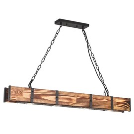 Maxax LED Farmhouse Chandelier, 4 Lights Rustic Vintage Wood Pendant Light, Chain Hanging Lighting Fixture, for Kitchen Island, Dining Room, Living Room, Foyer, Wood Grain