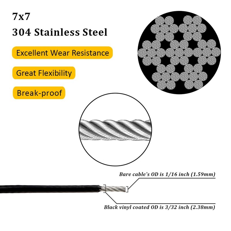 Vinyl Coated Wire Rope 304 Stainless Steel Coated Wire Cable-Black,