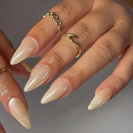 Champagne Chrome Press on Nails Medium Almond,KQueenest Iridescent Stiletto Fake Nails with Designs,Glossy Pearlescent Glue on Nails Press on With Mirror Effect,Acrylic Nails for Women 24Pcs