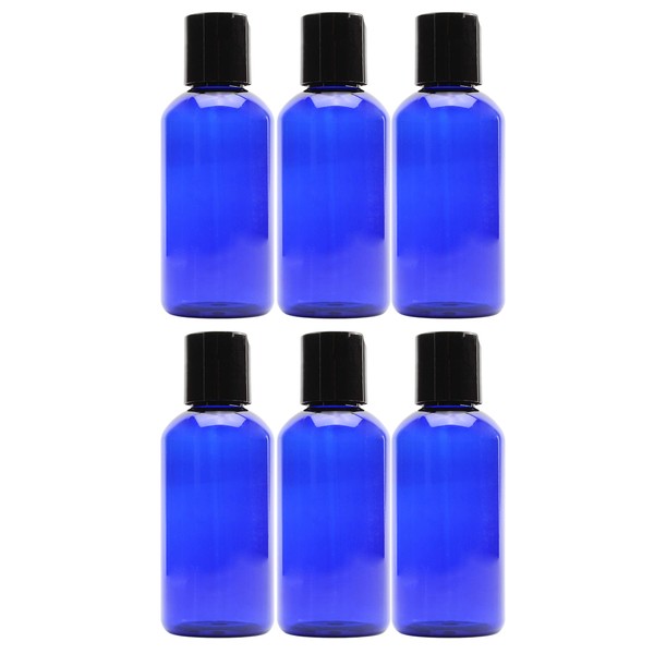 4oz Empty Cobalt Blue Plastic Squeeze Bottles with Disc Top Flip Cap (6 pack); BPA-Free Containers For Shampoo, Lotions, Liquid Body Soap, Creams (4 ounce, Cobalt Blue)