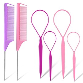 3Pack Hair Loop Tool Set with 2PCS French Braid Tool Loop 1PCS Rat Tail Comb Metal Pin Tail Braiding Comb for Hair Styling, Purple - Color: Pink&Purple