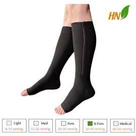HealthyNees 30-40 mmHg Extra Firm Compression Closed Open Toe Wide Zipper Socks (5X-Large, Open Toe Black)