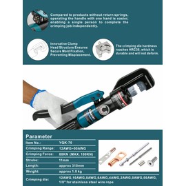 10 Ton Hydraulic Battery Cable Crimper – Single-Hand Return, 9 Hex Dies for 12-2/0 AWG, 180° Rotating Head, Pro Terminal Tool for Car/RV/Marine Power