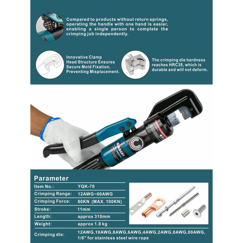 10 Ton Hydraulic Battery Cable Crimper – Single-Hand Return, 9