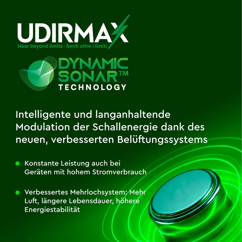 100 Hörgerätebatterien Größe 10 PR70 Udirmax Gelb Dynamic Sonar Technologie