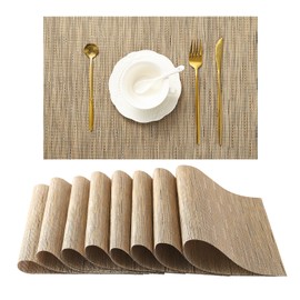 Leetaltree Light Brown Placemats Set of 8 - Heat Resistant Non-Slip Place mats for Dining Table, Washable Durable PVC Vinyl Woven Table Mats（Light Brown, 8）
