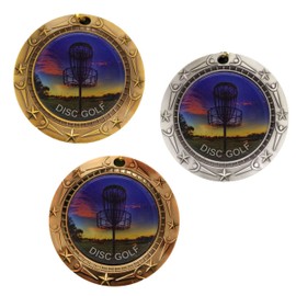 Decade Awards Disc Golf Gold World Class Engraved Medal | Disc Golf Tournament Medallion 3 Inch Wide with Stars and Stripes American Flag V Neck Ribbon - Customize Now
