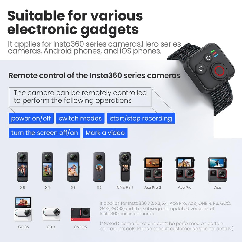 Bluetooth Remote Control for Insta360 X5/X4/X3/Ace Pro 2/Ace Pro/GO3S/GO3/GoPro Hero