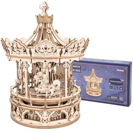 ROKR 3D Wooden Puzzle Carousel Model Building Kits Rotating 5-Horses Music Box Christmas Birthday Gift for Adults&Teens