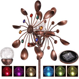 HDNICEZM Solar Wind Spinner Multi-Color LED Lighting by Solar Powered Glass Ball with Kinetic Wind Aculptures Dual Direction Decorative Lawn Ornament Wind Mill.