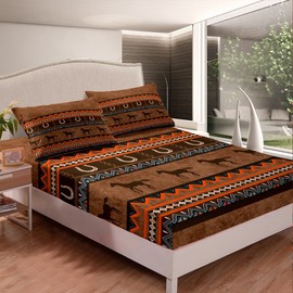 Feelyou - Juego de sábanas de estilo occidental azteca para niños y niñas, vaqueros, caballo, juego de sábanas bajeras del suroeste de nativos americanos, juego de sábanas bohemias para decoración de recámara, tamaño individual, 3 piezas