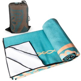 Colorful Star Large Yoga Mat Towel with Corner Pockets, Non Slip Grip Dots Absorbent Hot Yoga Towels, Yoga Blankets with Travel Bag, Mat Cover for Workout, Gym, Fitness - 74"x26", Turquoise Mandala
