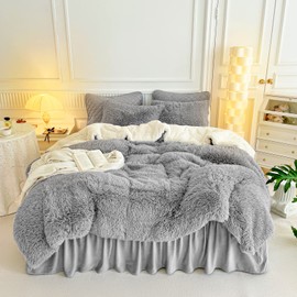 UOZZI BEDDING Gray Faux Fur Comforter Set Twin 3 Pieces - 1 Shaggy Comforter 68x86 and 2 Pillowcases, Ultra Soft and Easy Care Luxury Plush Super Warm Winter Shaggy Duvet Set