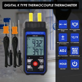 Thermocouple Thermometer Digital K Type Thermometer with 4 Thermocouples, -328~2500℉ Measuring Range HVAC Dual Channels Temperature Meter Gauge with LED Backlight & ADJ Compensation