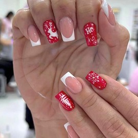 White Snowflake Elk Christmas Tree Fake Nails Medium Winter Xmas Press on Nails Square French Tip Acrylic Nails Glossy Full Cover Glue on Nails Reusable Stick on Nails for Women DIY New Year Manicure