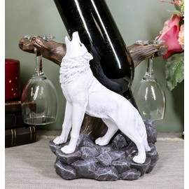 Statues Figurines Funny Decor Howling Arctic White Snow Wolf Wine Valet Statue As Bottle and 2 Glasses Holder