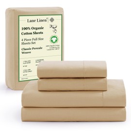 LANE LINEN 100% Organic Cotton Linen Full-Sheets Set 4-Piece Pure Long Staple Percale Weave Soft Bedding Sheets for Bed Breathable Fits Mattress Upto 15" Deep