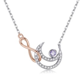 Qings Pearl June Birthstone Necklace Sterling Silver Rose Gold Sideways Figure 8 Shiny Moon Sky Pendant Moonstone Round Cut Gem 18” Adjustable Chain Dainty Jewelry Gift