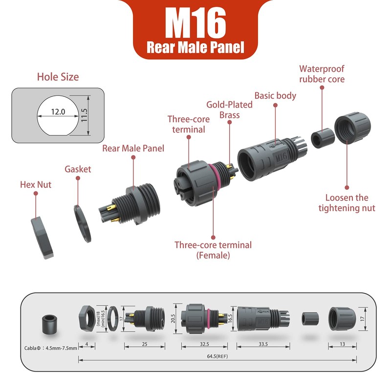 AOHUA IP68 Waterproof Connector (5-Pack), M16 2-Pin Industrial/Aviation Connector, (300V/10A)