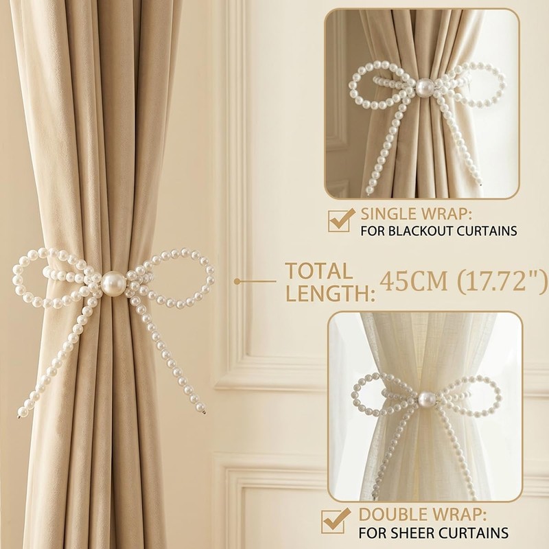 No Drill Magnetic Curtain Tiebacks, 2 Pcs Elegant Pearl Bow