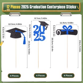 MixTeach 24 Pcs Glitter Graduation Centerpieces for Tables, 2025 Congrats Grad Tables Centerpieces Sticks Class of 2025 Graduation Table Topper for Graduation Table Party Decoration Supplies (Blue)