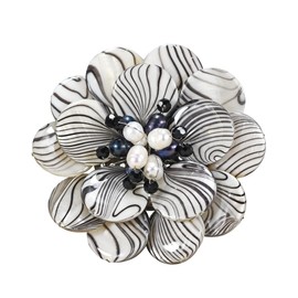 AeraVida Wild & Stylish Black & White Pearls with Painted Stripes on Mother of Pearl Seashell Floral Brooch Pin for Retro Zebra or Animal Print Inspired Fashion Accessories