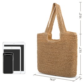 Trifabricy Beach Bag Tote - Straw Beach Bag for Women, Large Woven Capacity Beach Tote, Summer Handbag Shoulder Bag, Khaki