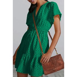 utcoco Lace Eyelet Mini Dress for Women 2025 Casual V Neck Short Sleeve Smocked Waist Tiered Boho Sun Dresses (Small, Green)