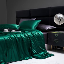 Damier Satin Bed Linen 135 x 200 cm Green Grey Gloss Satin Reversible Bed Linen Smooth Shiny Silky Luxury Duvet Cover Set with Zip and Pillowcase 80 x 80 cm