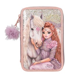 Depesche TOPModel Viva Violet 13292 Filled 3-Compartment Pencil Case in Purple, with Model Motif, Horse and Glitter, Pencil Case with Colouring Pencils, Ruler, Scissors and Much More, multicoloured,